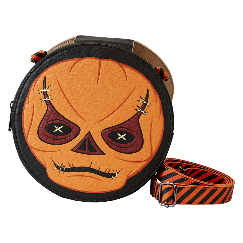 Alternate view of our Trick 'r Treat Crossbody Bag, featuring the lifted flap of Sam's masked face to reveal the pumpkin face beneath